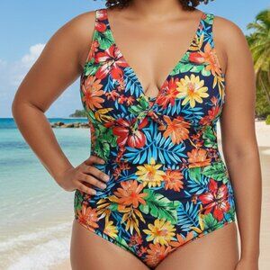 Suddenly Slim by Catalina Women's 2X One Piece Swimsuit Floral Tropical Lined